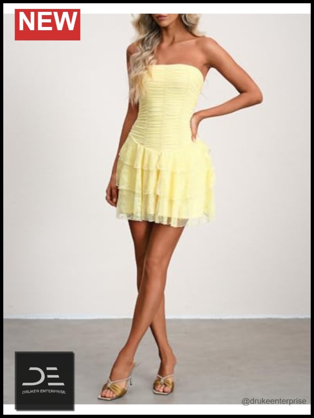 Women's Strapless Mesh Ruffle Layer Ruched Basque Waist Mini Dress - Picture 5 of 6